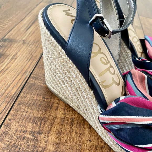 Sam Edelman Shoes Wedge Heels Aubrey Bow Stripe 6.5 Hot Pink Espadrille Peep Toe - Picture 4 of 6